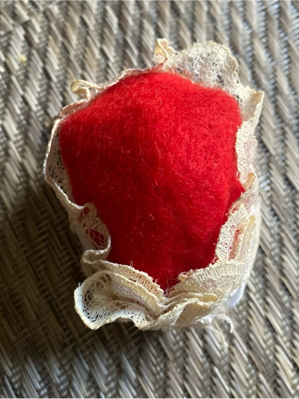 Antique German Spun Cotton Christmas Ornament Paper Scrap Face Red Crepe Back